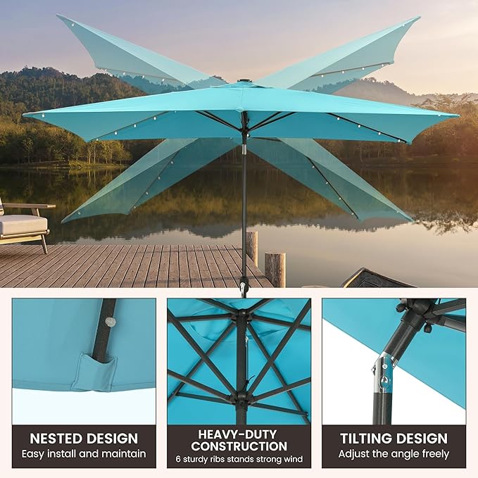 MONDAWE Rectangular Market Umbrella with Lights 10 x 6.5 FT Outdoor Solar LED Patio Umbrella Tilt and Crank Aluminum Commercial Table Umbrella for Pool Backyard Balcony