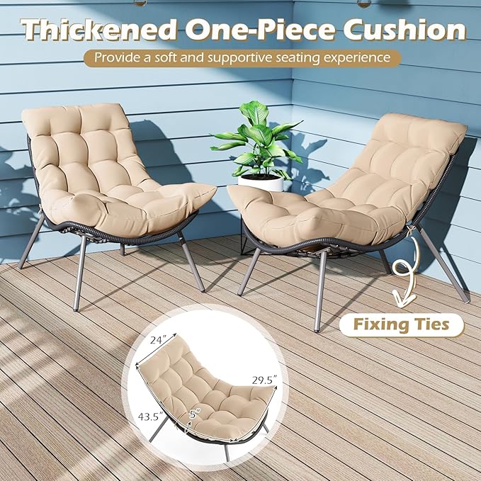 Tangkula 3 Pieces Patio Furniture Set, Outdoor Rattan Wicker Bistro Conversation Set with Cushioned Papasan Chairs and Tempered Glass Coffee Table for Porch, Balcony, Deck and Garden