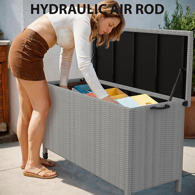 120 Gallon Waterproof Outdoor Wicker Deck Box, Large PE Rattan Storage Chest with Lockable Lid & Gas Strut, All-Weather Patio Storage Bench for Cushions Garden Tools, Grey