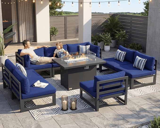 BULEXYARD 9 Piece Large Modern Aluminum Outdoor Patio Furniture Set with Fire Pit Table, 29 inch Wide Deep Seat, Rust Proof Comfy Sectional Sofa, 500 lbs Sturdy Front Yard Conversation Set, Navy Blue