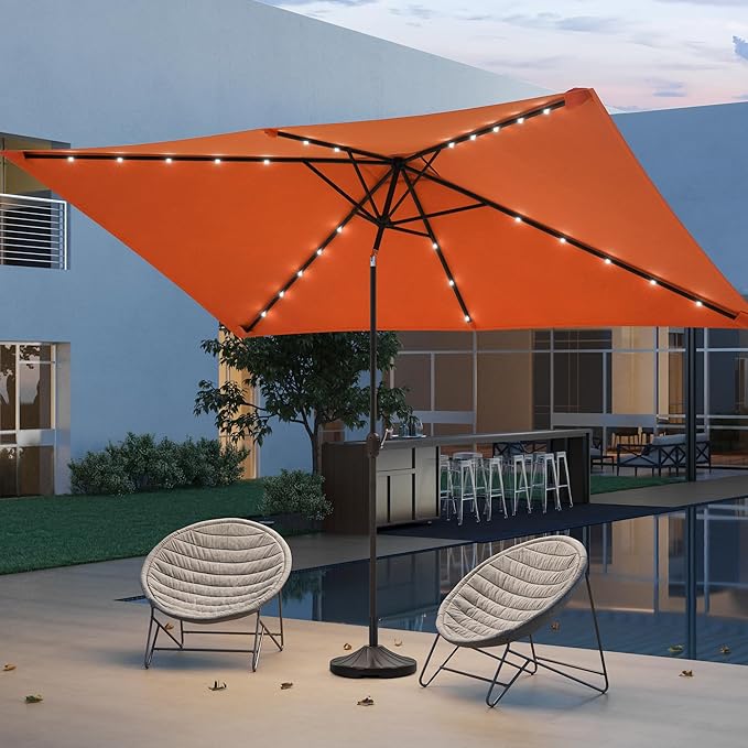 Rectangle Patio Umbrella with Solar Lights, 10 x 6.5ft Rectangular Outdoor Umbrella Table Market Patio Umbrella with Push Button Tilt and Crank for Garden, Deck, Backyard, Pool