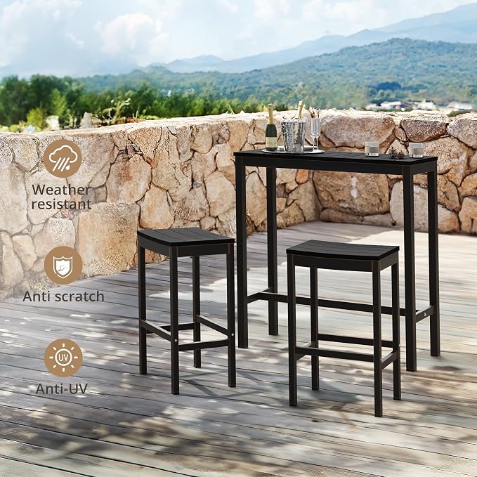 Cozyman Outdoor Bar Table, 38" Patio Bar Height Counter Console Table, Black Waterproof HDPS Slatted Top and Bronze Leg, Weather Resistant, Hot Tub, Balcony, Yard, Indoor or Outdoor Use