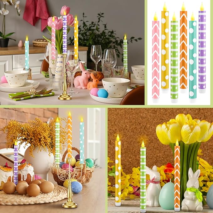 Honoson 6 Pcs Mother's Day Flameless Taper Candles 10.6 Inch Colorful Geometric Candles Battery Operated LED Candlesticks for Summer Dinner Table Home Party Decor