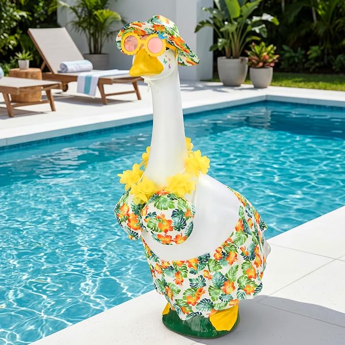 Green Bikini Goose Clothes Set with Sunglasses Lei Hat, Green Hawaiian Swimming Suits Porch Goose Outfits for 23 Inch Goose Statue, Summer Tropical Yard Garden Decor (Green)