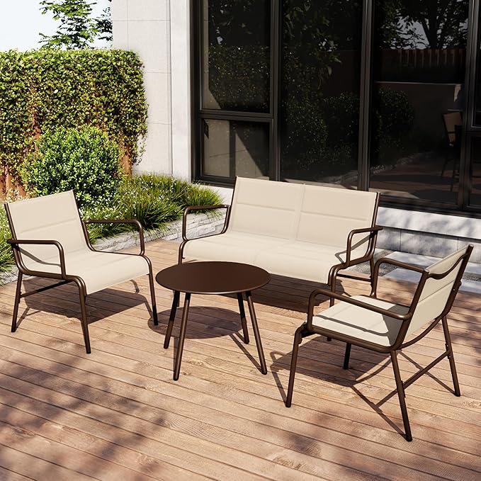 East Oak 4 Seats Outdoor Furniture Set, Waterproof Patio Furniture Set, Patio Loveseat with Coffee Table for Porch or Garden, 4-Piece Patio Conversation Sets for Balcony, Upgrade Beige