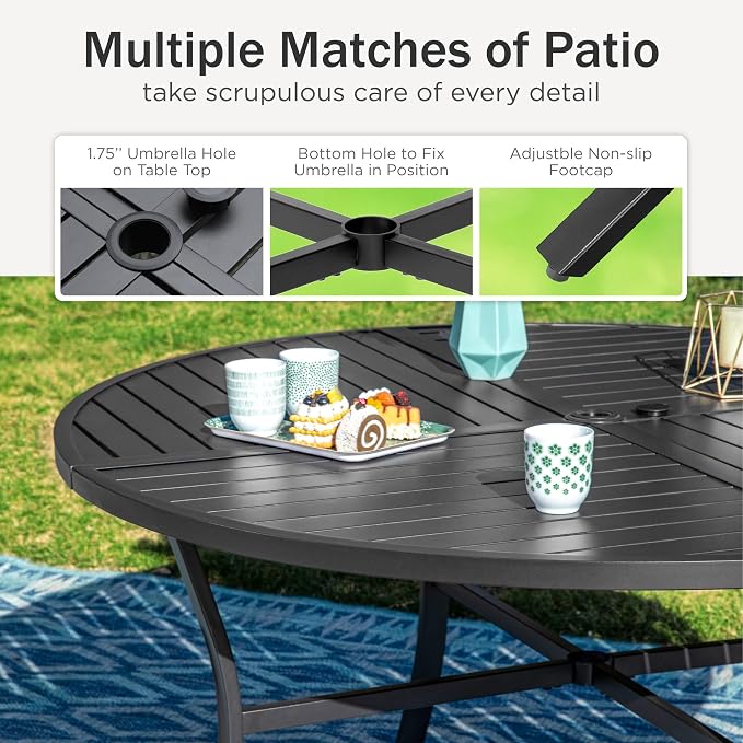 PHI VILLA 7 Pieces Patio Round Dining Set for 6, Large Wrought Iron Outdoor Dining Table with Umbrella Hole & Cushioned Wicker Rattan Chairs, Dining Furniture Set for Deck, Yard, Porch