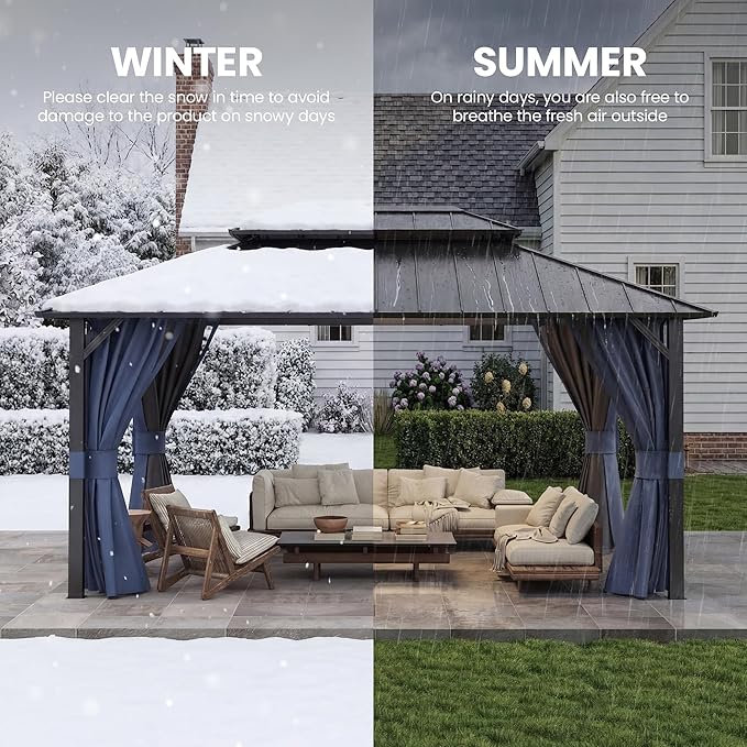 UDPATIO 12'x16' Permanent Hardtop Gazebo with Galvanized Steel Double Roof for Patio Backyard Garden, Curtains and Netting Included, Navy Bue