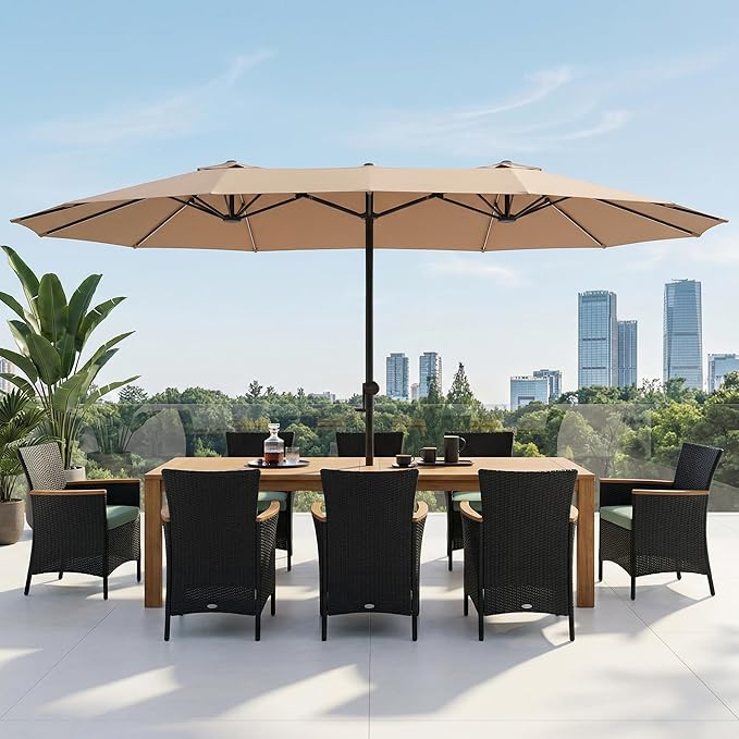 15FT Large Double Sided Patio Umbrella, Aluminum Crank and Heavy Duty Carbon Steel Ribs Outdoor Umbrellas, Fade Resistant Rectangular Market Umbrella for Pool, Deck, Commercial, Backyard, Patio, Rental, BBQ, Beige