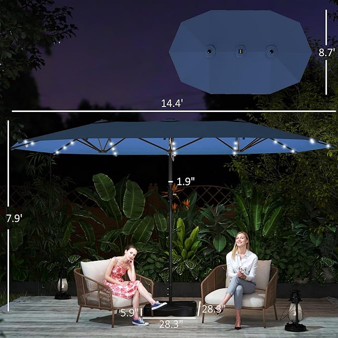 Outsunny 14.4ft Large Patio Umbrella with 36 Solar LED Lights, Double Sided Outdoor Umbrella with Base Included