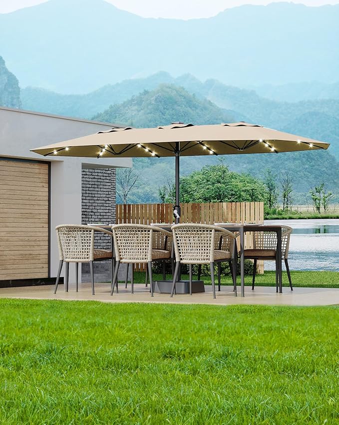 GarveeLife 15 ft Large Patio Umbrella with Lights, 36 LED Lights Double-sided Patio Umbrella with Weighted Base for Poolside Garden Backyard