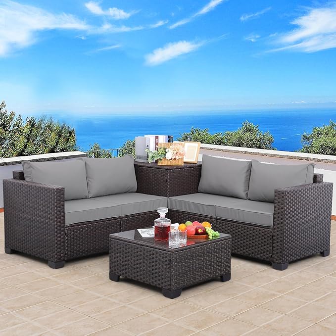 WAROOM Patio Furniture Set 4 Piece Conversation Sets Brown Rattan Outdoor Couch Loveseat Wicker Sectional Sofa with Storage Box Glass Top Table, Grey Cushion