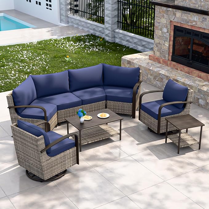 COOS BAY Aurora Terrace 7 Piece Outdoor Sectional Furniture Set, Half Moon Rattan Wicker Conversation Set with Swivel Chairs, 4 Seat Sofa, Coffee & Side Table for Patio Garden Yard, Beige/Blue