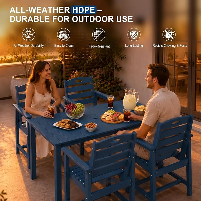 Domi HDPE Outdoor Dining Set, All-Weather 7 Piece Outdoor Dining Table Set with 2" Umbrella Hole, Outdoor Patio Dining Set for Garden, Poolside, Backyard, Deck, Blue