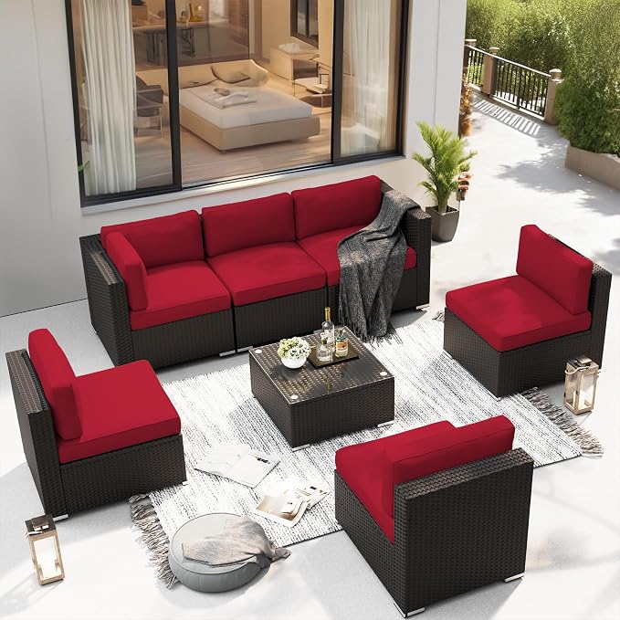 SUNCROWN 7-Piece Outdoor Patio Furniture Sofa Set All-Weather Wicker Sectional Conversation Set with Modern Glass Coffee Table and Cushions, Backyard, Garden, Red
