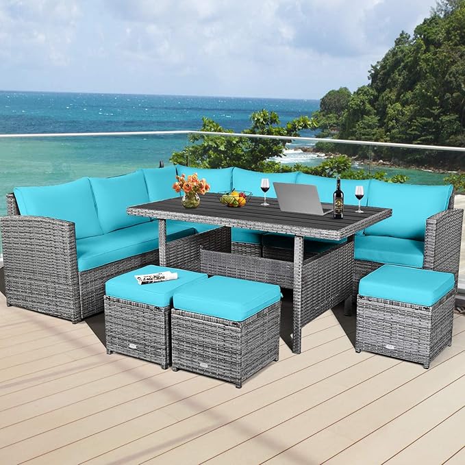 HAPPYGRILL 7 Pieces Rattan Wicker Patio Conversation Set, Outdoor Patio Furniture Set with Cushions, Rattan Sofa Set with Dining Table & Ottomans for Poolside Backyard Balcony Garden (Turquoise)