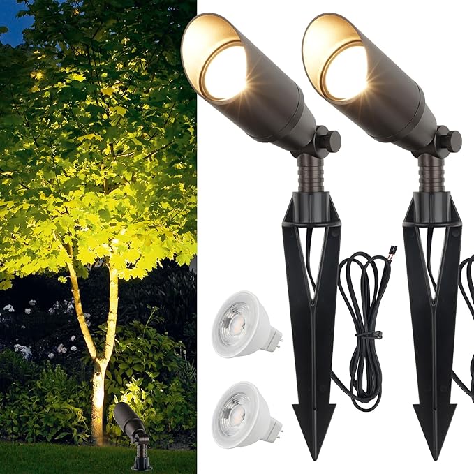 Outdoor Spot Lights for Yard 12V Wired Low Voltage Landscape Spotlights Aluminum Spot Lights with 4W MR16 LED Bulb Warm White, Waterproof Ip65 Spotlight Outdoor for Garden and Yard 2-Pack