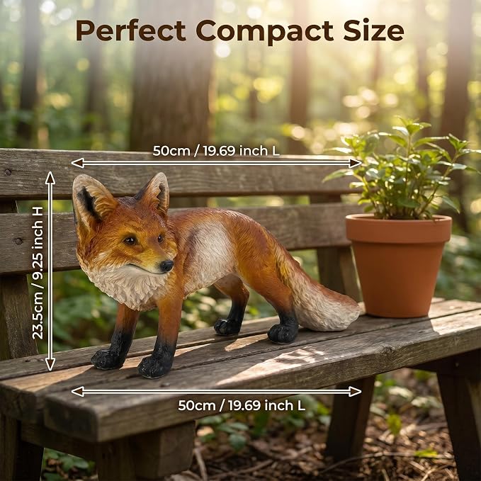 Red Fox Statue Garden Decor 19.7 Inch | Weather Resistant Resin, Lifelike Wildlife Animal Sculpture, Outdoor Yard Lawn Patio Porch, Home Decoration