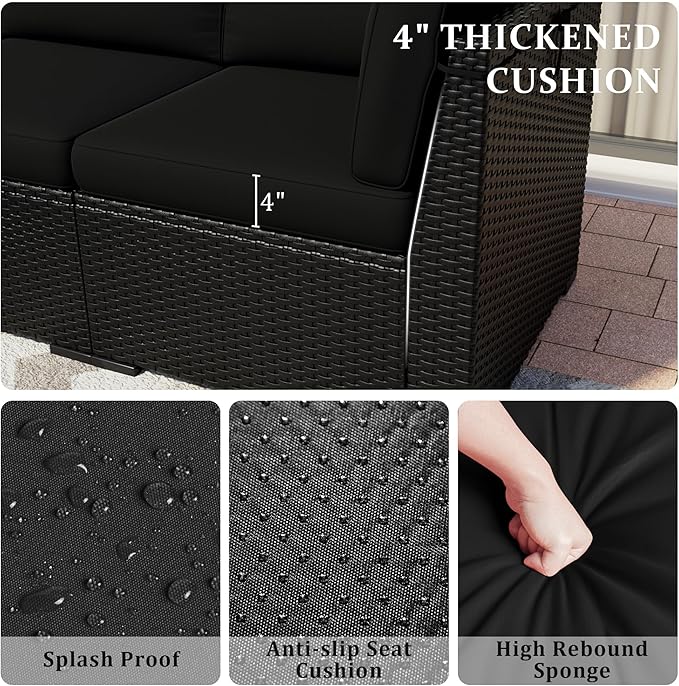 8 Pieces Outdoor Patio Furniture Set with 44" Fire Pit Table Black Rattan Sectional Conversation Sets w/Gas Fire Pit, Coffee Table, 1 Waterproof Covers, Black