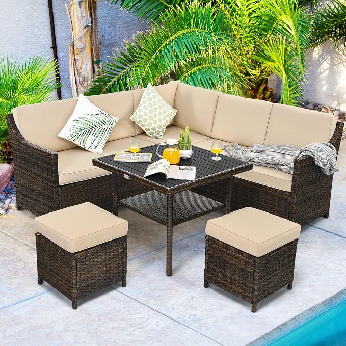 Tangkula Wicker Outdoor Dining Set, 6 Piece PE Rattan Wicker Sectional Corner Sofa Set with Dining Table, 2 Ottomans, Suitable for Garden, Patio, Poolside, Lawn and Balcony, Patio Furniture Set