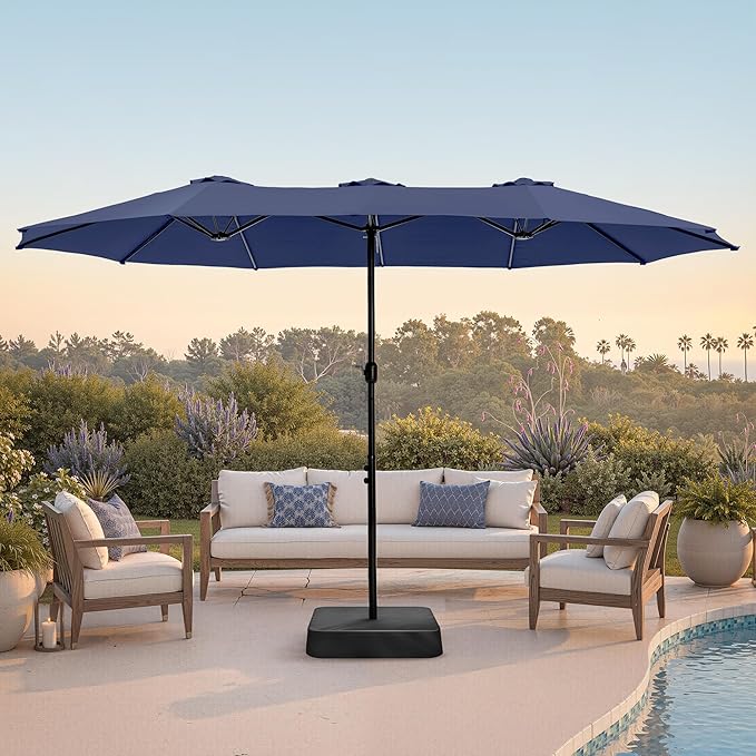 PHI VILLA 15ft Large Patio Umbrellas with Base Included, Outdoor Double-Sided Rectangle Market Umbrella with Crank Handle, for Pool Lawn Garden, Navy Blue