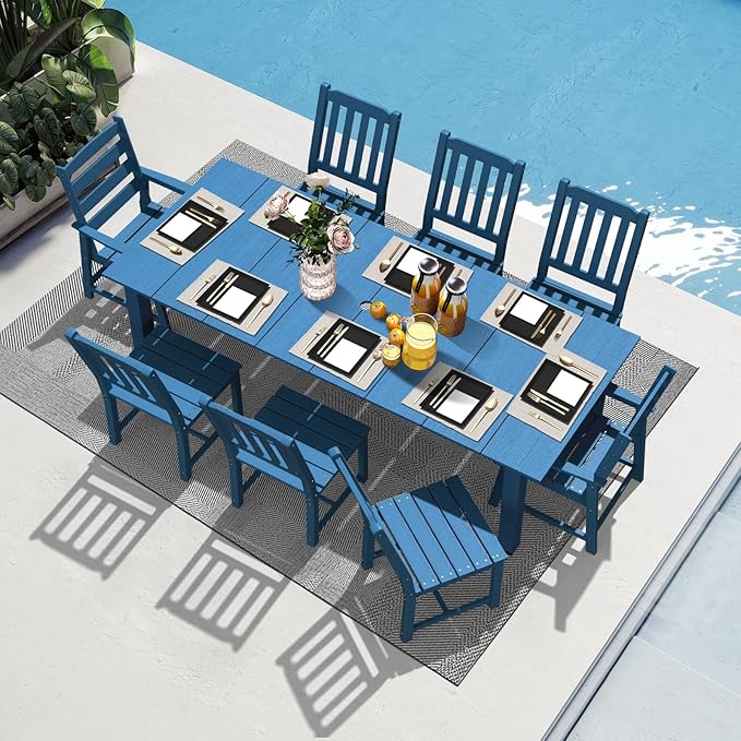 LOUNZY 9 Pieces Patio Dining Sets, Outdoor HDPE Furniture Set for 8 w/ 2" Hole Cut-Out Dining Table with 8 Patio Chairs(2 W/Armrest, 6 w/o Armrest), Navy
