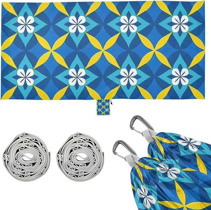 Blue and Yellow Japanese Vintage Flowers 330lb Capacity Hammocks with Portabl Carry Bag Rope Hammock for Outside Patio Backyard Poolside hamaca con soporte para adultos