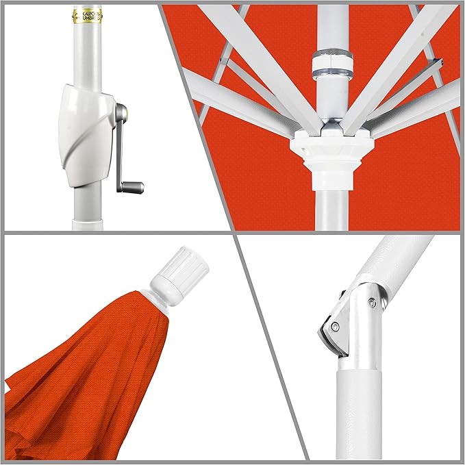 California Umbrella 9' Round Aluminum Market Umbrella, Crank Lift, Push Button Tilt, White Pole, Sunset Olefin