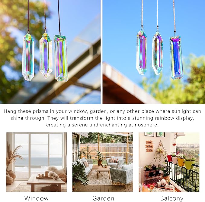 YU FENG 3 Pack Crystal Suncatcher Prism, Window Hanging Rainbow Maker | 5'' Rectangle AB Colored Crystal Stick Prisms, Garden Hanging Ornament, Sun Catcher Decor, Christmas Tree Decoration