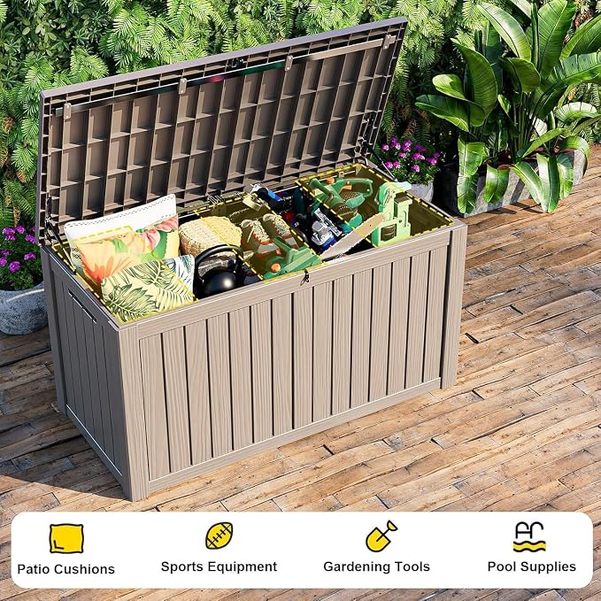 Resin Deck Box, Lockable Patio Outdoor Storage Box for Furniture, Garden Tools and Tools Storage, Waterproof Outside Storage Boxes (Grey, 150 Gallon)