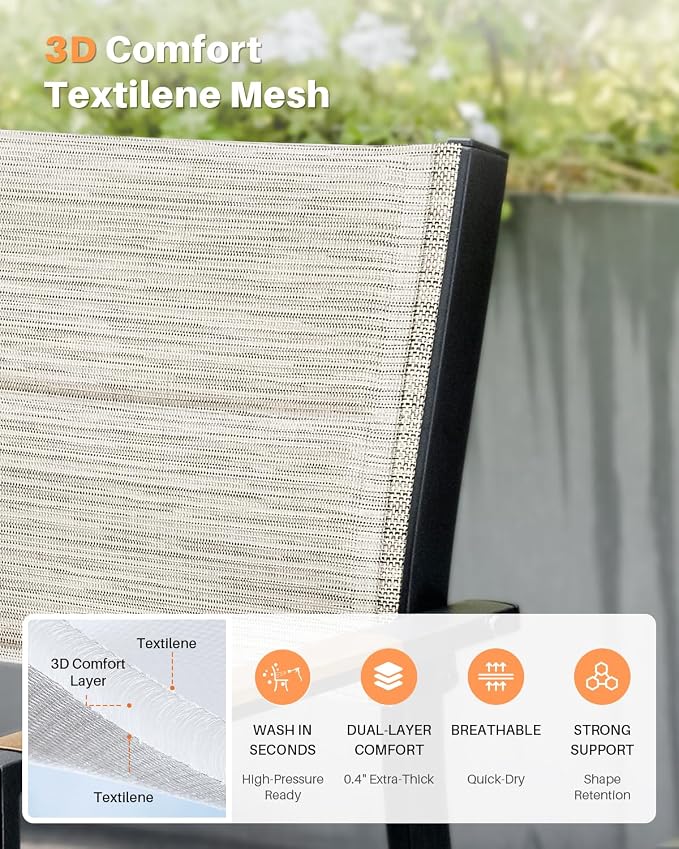 9-Piece Expandable Patio Dining Set, 8 Stackable Double-Layer Textilene Chairs and 63''-83'' Expandable Patio Dining Table, Never-Rust Aluminum Outdoor Dining Table Set for Deck, Indoor, Teak