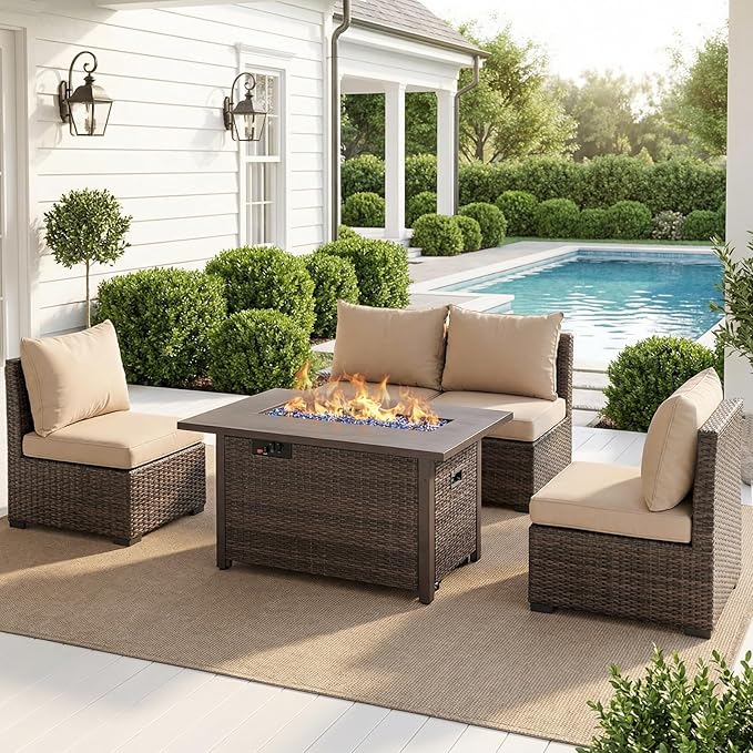 Patio Furniture Set with Fire Pit Table, Outdoor Sectional Rattan Sofa Set, Patio Set Seating Furniture with Thickened Cushions (Beige, 5 Pieces)