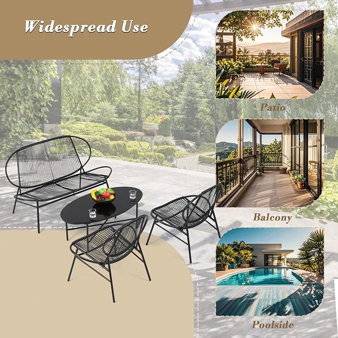 Athena Collection Outdoor Patio Furniture Set 4 Pieces, Metal Outdoor Table and Acapulco Chairs, Small Patio Furniture Bistro Conversation Set for Balcony, Front Porch, Backyard, Gardern, Black