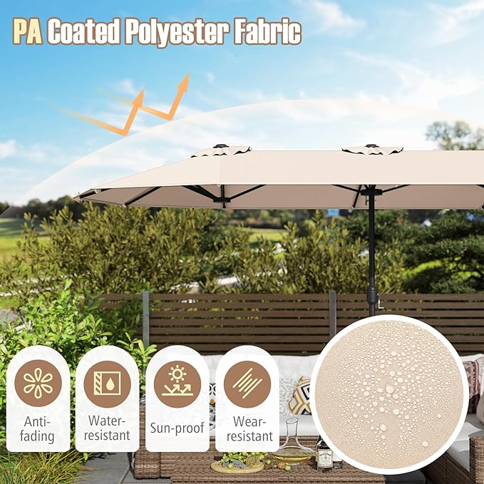 Tangkula 13FT Double-sided Patio Umbrella, Extra Large Twin Table Umbrella with Crank Handle, Umbrella Base, Safety Lock, Air Vent, Outdoor Market Umbrella for Garden Pool Backyard (Beige)