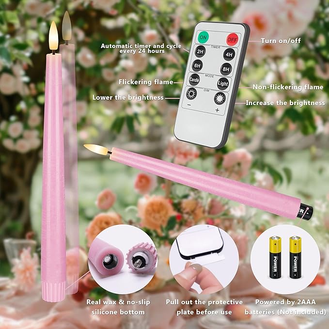 Pink Flameless Taper Candles, 9.6" Battery Operated Candles with Remote, Real Wax Led Candle, Flickering Flameless Candlesticks for Home Party Wedding Romantic Night Decor
