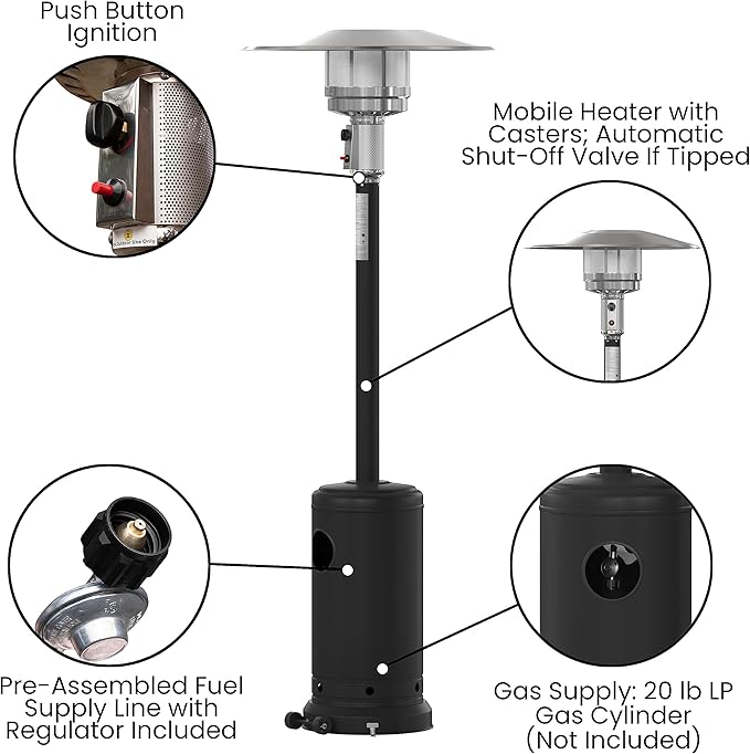 Flash Furniture Sol Patio Outdoor Heating-Black Stainless Steel 40,000 BTU Propane Heater with Wheels for Commercial & Residential Use-7.5 Feet Tall