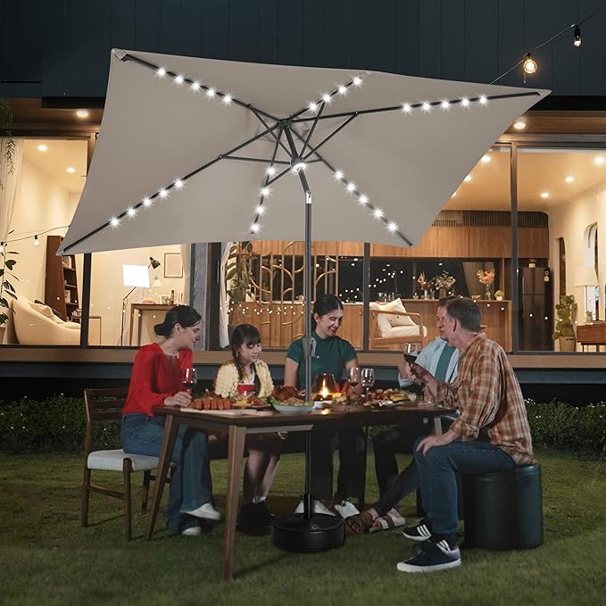 FLAME&SHADE 6.5 x 10 ft Rectangular Solar Powered Outdoor Market Patio Table Umbrella with LED Lights and Tilt, Taupe