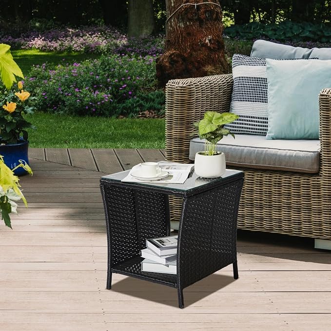 HOMSUPPLIE'S Outdoor Rattan Side Table with Storage, Square Patio Coffee Table w/Tempered Glass Top, Wicker End Table for Porch, Balcony, Poolside & Backyard(Black,Tempered Glass sty.3)