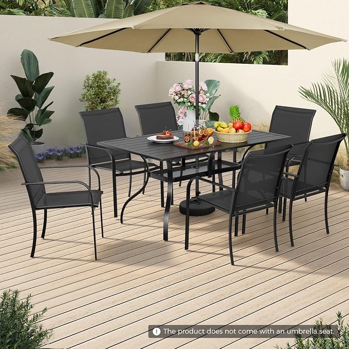Incbruce 8 Pieces Patio Dining Set with Brown Umbrella, Outdoor Dining Set of 6 Textilene Chairs and Rectangle Table with Umbrella Hole for Backyard, Garden, and Poolside (Black)