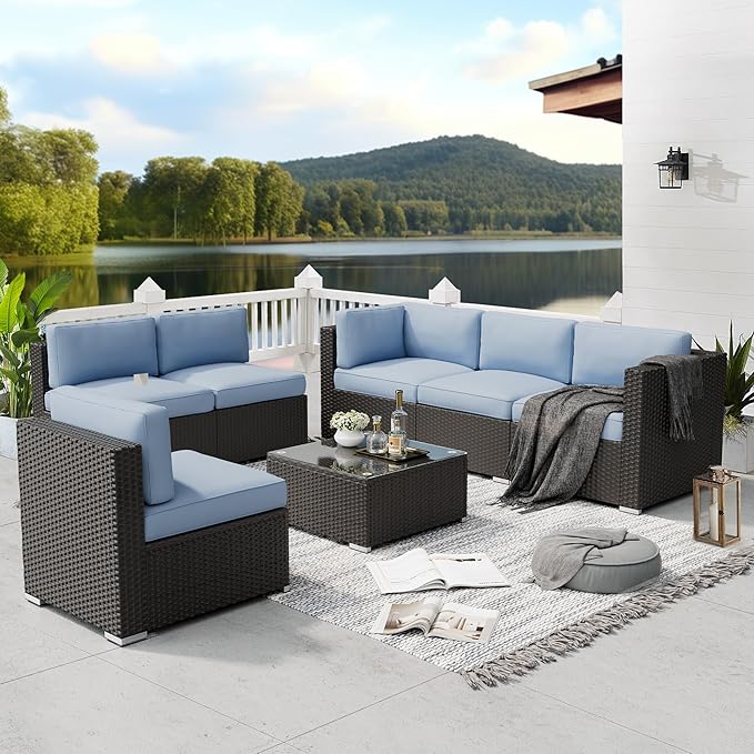 SUNCROWN 7-Piece Outdoor Patio Furniture Sofa Set All-Weather Wicker Sectional Conversation Set with Modern Glass Coffee Table and Cushions（Light Blue）