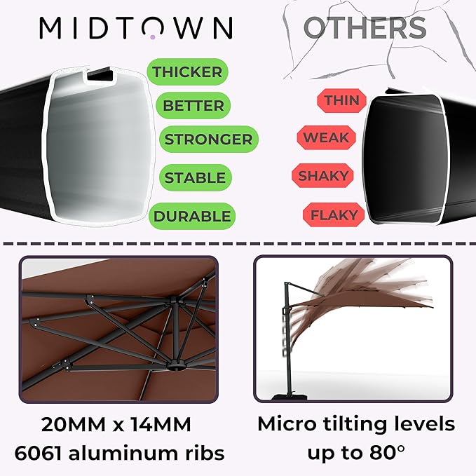 Midtown Umbrellas 10 Ft Outdoor Cantilever Patio Umbrella w/Sunbrella Bay Brown - Tilt 360° Rotate Offset Patio Umbrella, Deck Patio Umbrella, Backyard Umbrella & Garden Umbrella - Black Frame