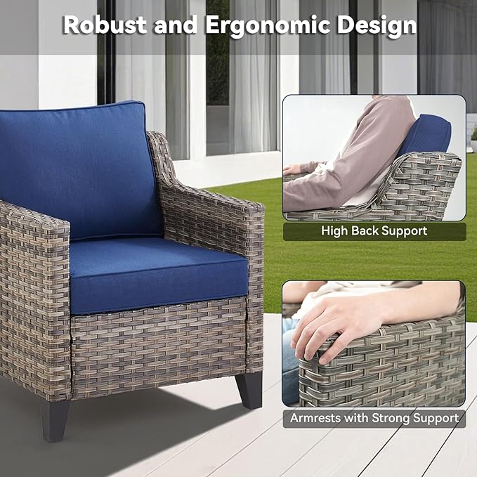 3 Pieces Patio Furniture Sets-Outdoor PE Rattan Wicker Chairs with Thickened Cushion and Glass Coffee Table,All Weather Patio Conversation Set for Garden Backyard Porch Deck Grey/Blue