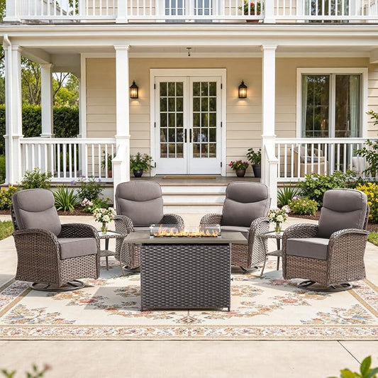 7-Piece Luxury Patio Furniture Set with 6-Inch Thick Cushions, High-Back Outdoor 4 Swivel Rocking Chairs with Wicker 42" Fire Pit, All-Weather Conversation Set for Porch, Deck, Yard or Poolside Gray