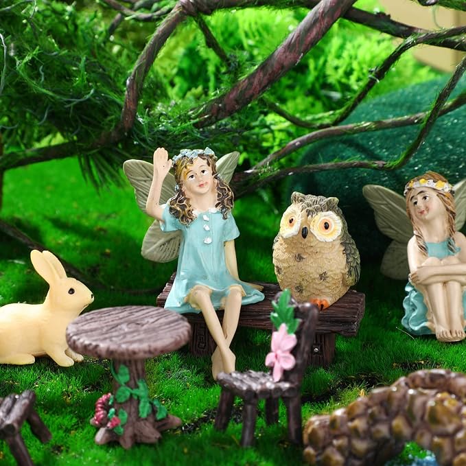 Roowest 19 Pcs Fairy Garden Kit, Miniature Fairy Garden Accessories Outdoor | Small Figurines with Animals Mushroom Pond Bridge, Resin Ornaments, DIY Micro Landscape Decor