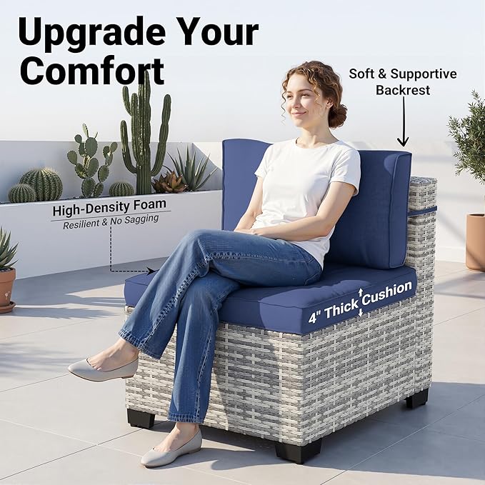 14-Piece Patio Furniture Set, Outdoor Sectional with Thick Cushions, Modular Patio Sofa, Dual-Strand Wicker Rattan, Rust-Resistant Frame, Backyard Furniture for Garden, Deck, Navy Blue