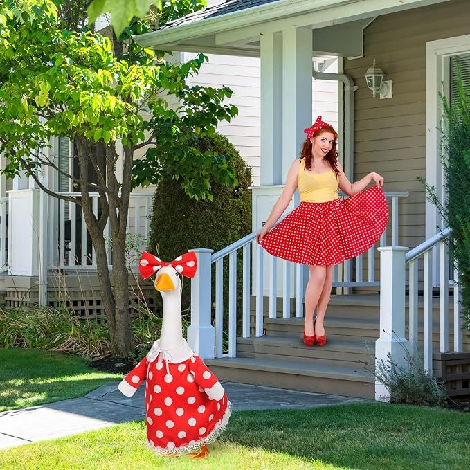 FuWeave Goose Outfit Flower Porch Goose Clothes for 23" Large Statue Outdoor Patio Yard Lawn Art Decoration, Red White Dots