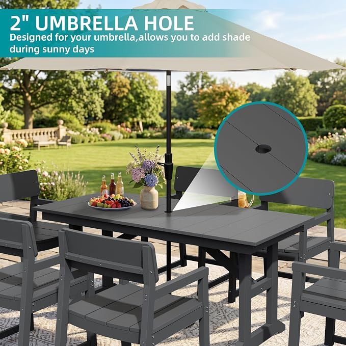 JAMFLY 7 Piece Outdoor Dining Set, All Weather Patio Table and Chairs for Backyard Garden Deck Lawn Pool, Sturdy All Weather Outdoor Furniture Set with Umbrella Hole, Grey