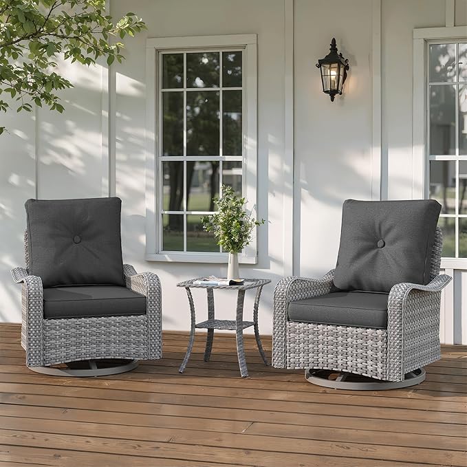 3-Piece Patio Furniture Set, Outdoor Swivel Rocking Chairs with 4" Thick Cushions & Side Table, All-Weather PE Rattan & Rust-Resistant Steel Frame Conversation Set for Porch, Garden, Backyard, Black