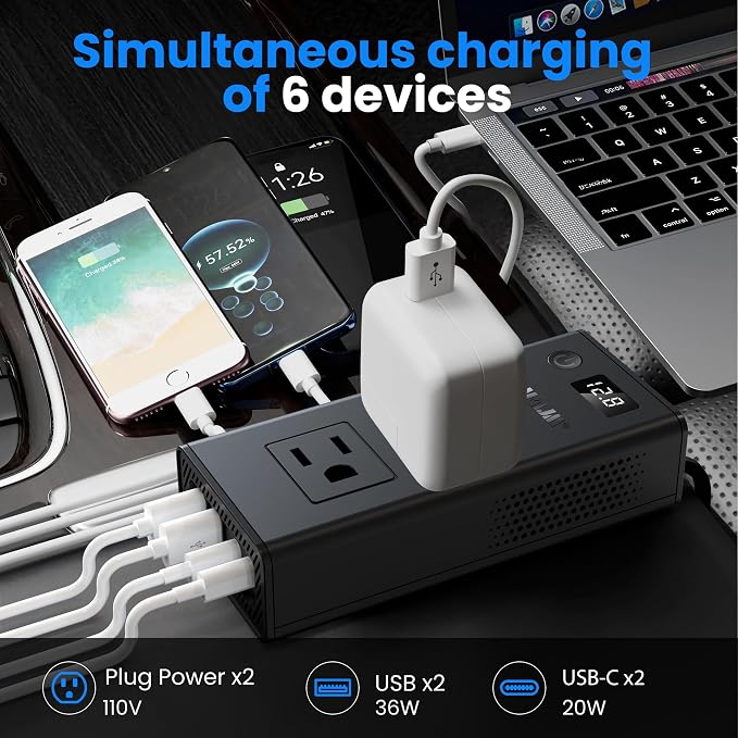 300W Car Voltage Converter Inverter DC 12V to AC 110V Ports Fast Charging Car Charger with Cigarette Lighter Plug with 2 Sockets and 4 USB for Business Trips and Vacation