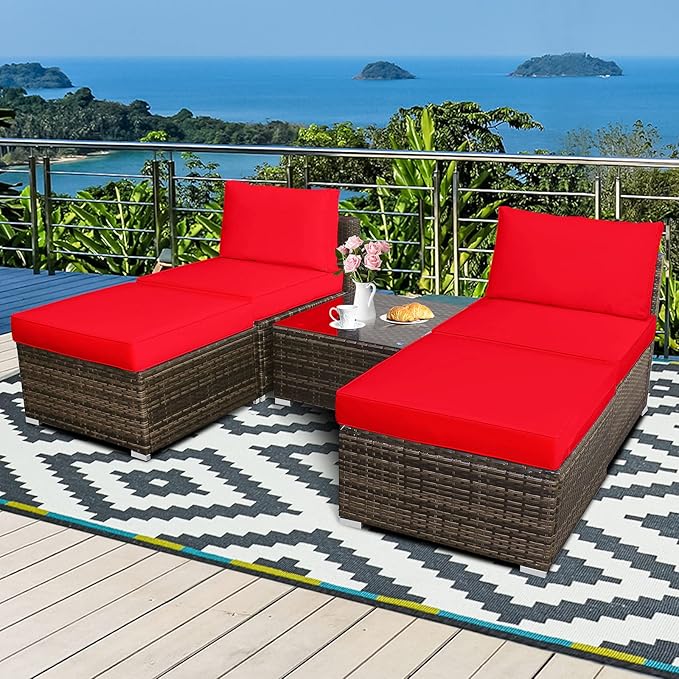 Tangkula 5 Piece Wicker Lounge Chair Set, with Tempered Glass Coffee Table, Outdoor Conversation Sets w/Washable Zippered Cushions, Includes 2 Armless Sofas, 2 Ottomans and 1 Side Table (Red)