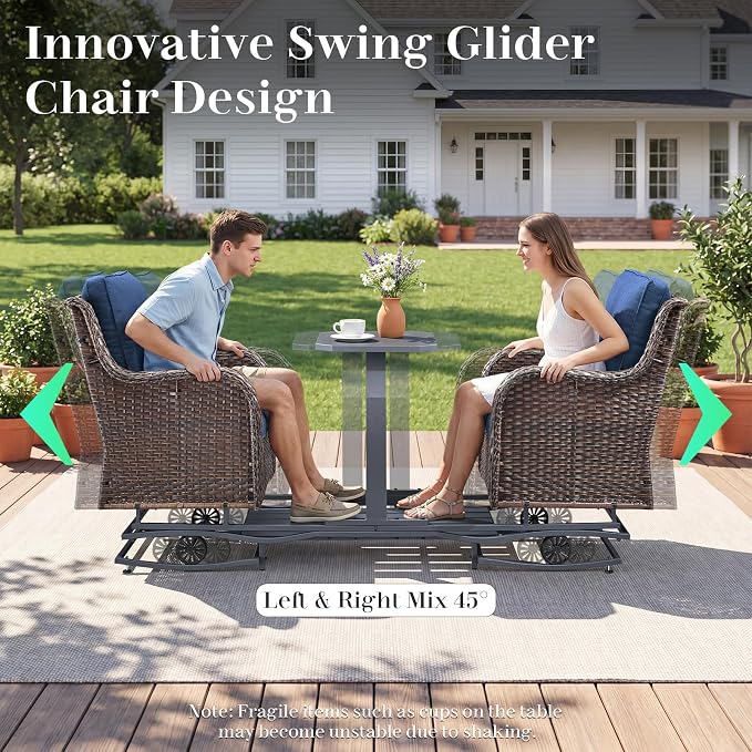 Rilyson Luxury Wicker Outdoor Conversation Set with Glider Rocker Chairs, 4 Pieces Patio Furniture Set with Rattan Swivel Rocker Chairs and Coffee Table All Weather Brown/Blue
